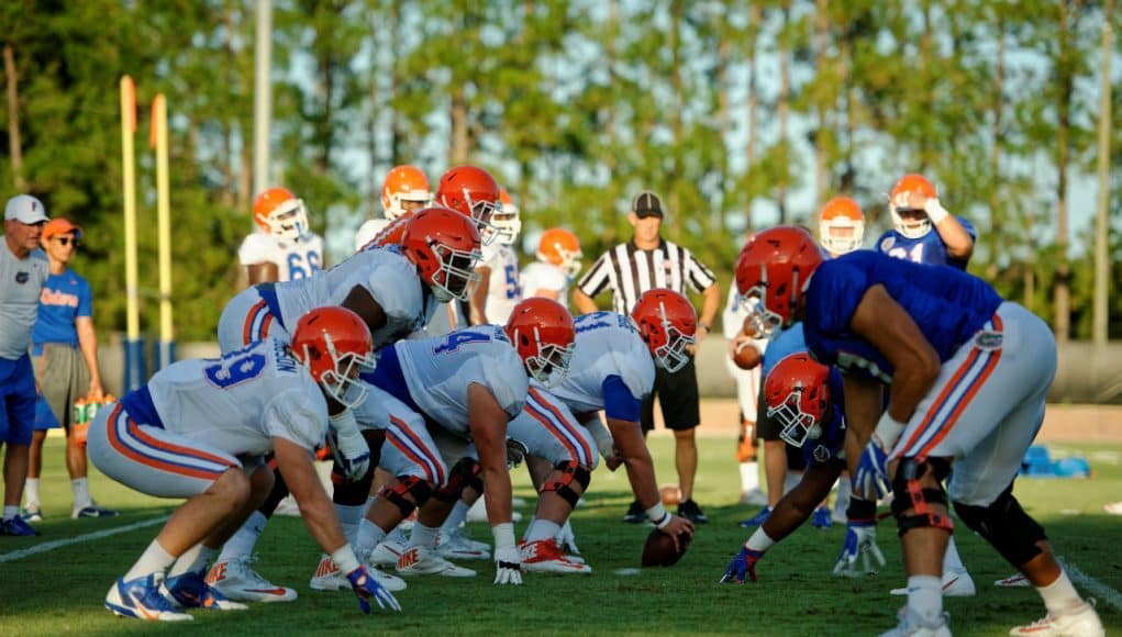 University of Florida football players line up during a practice in fall camp on Aug. 24- Florida Gators football- 1280x852