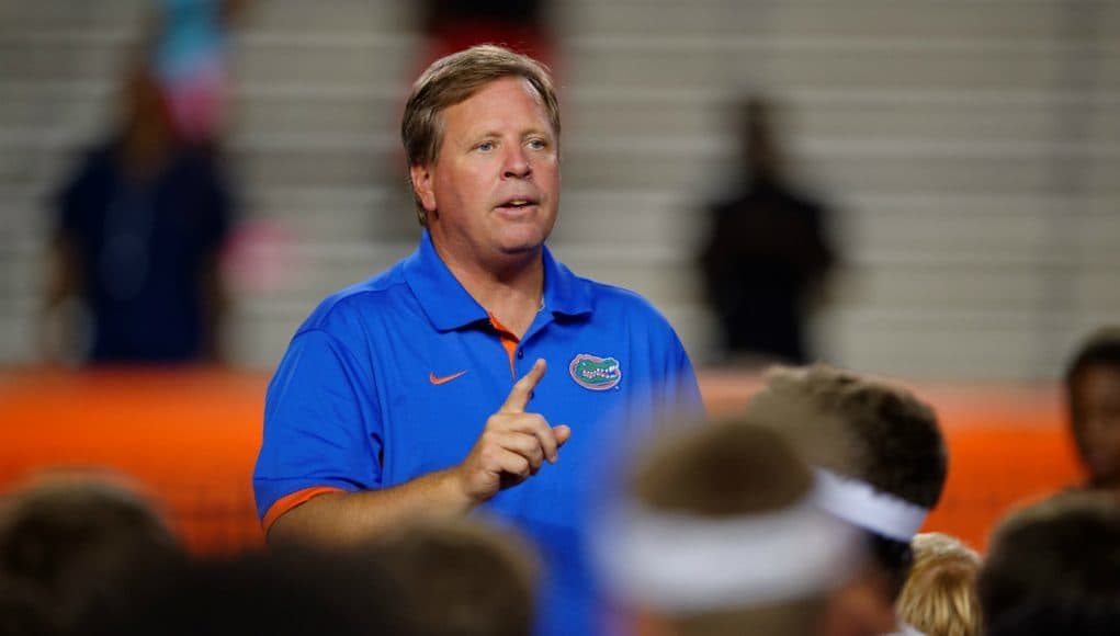 University of Florida head coach Jim McElwain talks to campers at the conclusion of Friday Night Lights- Florida Gators football- 1280x852