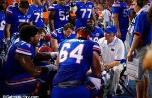 University of Florida offensive line coach Mike Summers works with his unit during Florida’s win over New Mexico State- Florida Gators football- 1280x854