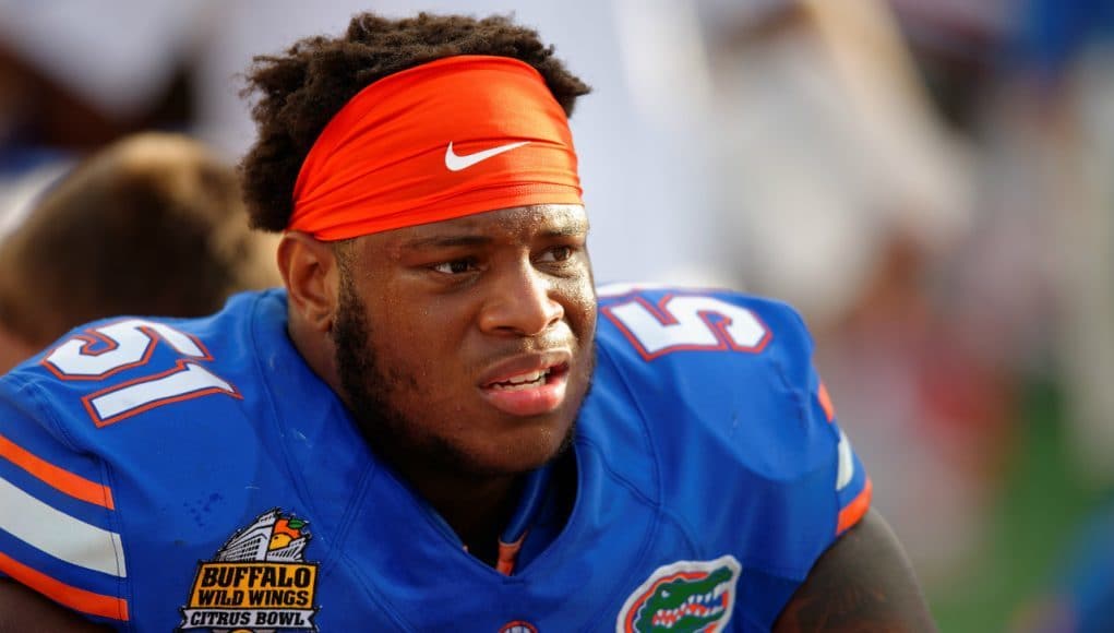 University of Florida offensive lineman Antonio Riles watches from the sideline during the 2016 Buffalo Wild Wings Citrus Bowl- Florida Gators football- 1280x852