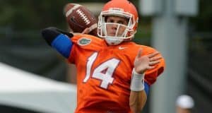 University of Florida quarterback Luke Del Rio delivers a pass during fall camp- Florida Gators football- 1280x852