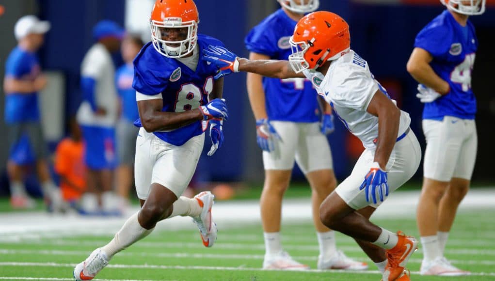 University of Florida receiver Antonio Callaway runs a route against McArthur Burnett in the second practice of fall camp- Florida Gators football- 1280x833