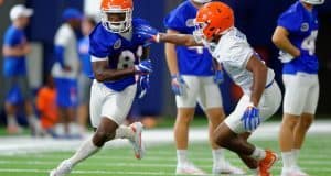 University of Florida receiver Antonio Callaway runs a route against McArthur Burnett in the second practice of fall camp- Florida Gators football- 1280x833