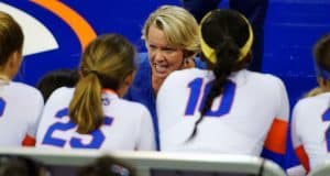 University of Florida volleyball coach Mary Wise coaches her team in a 2015 matchup against the Florida State Seminoles- Florida Gators volleyball- 1280x852