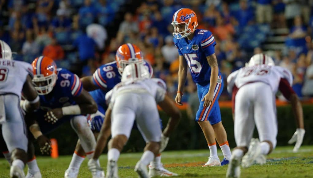 Florida Gators kicker Eddy Pineiro kicks against UMass- Florida Gators football- 1280x853