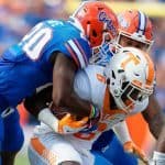 Florida Gators safety Marcus Maye talks Alvin Kamara of Tennessee in 2015- 1280x853