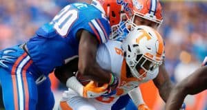 Florida Gators safety Marcus Maye talks Alvin Kamara of Tennessee in 2015- 1280x853