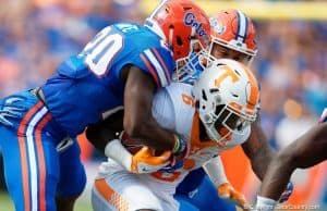 Florida Gators safety Marcus Maye talks Alvin Kamara of Tennessee in 2015- 1280x853