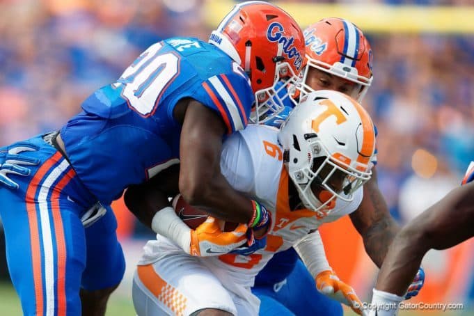 Florida Gators safety Marcus Maye talks Alvin Kamara of Tennessee in 2015- 1280x853