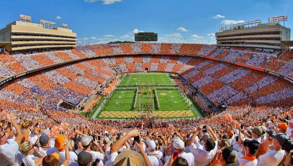 Sep 24 2016; Knoxville TN USA; General view of the Tennessee Volunteers running through the T before the game against the Florida Gators at Neyland Stadium