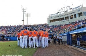 The University of Florida baseball team huddles up before a game against Florida State on 3-15-2016- Florida Gators baseball- 1280x852