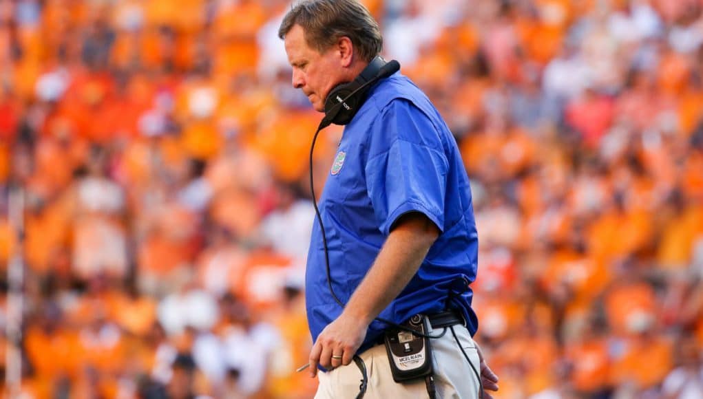 Sep 24, 2016; Knoxville, TN, USA; Florida Gators head coach Jim McElwain during the second half against the Tennessee Volunteers at Neyland Stadium. Tennessee won 38-28. Mandatory Credit: Randy Sartin-USA TODAY Sports