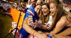 University of Florida kicker Eddy Pineiro celebrates the Gators win over UMass with fans- Florida Gators football- 1280x852