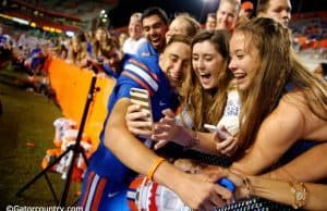 University of Florida kicker Eddy Pineiro celebrates the Gators win over UMass with fans- Florida Gators football- 1280x852