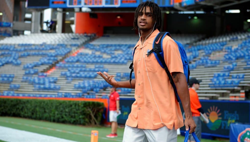 University of Florida receiver Tyrie Cleveland walks into Ben Hill Griffin Stadium before the Gators game vs. Kentucky- Florida Gators football- 1280x852