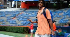 University of Florida receiver Tyrie Cleveland walks into Ben Hill Griffin Stadium before the Gators game vs. Kentucky- Florida Gators football- 1280x852