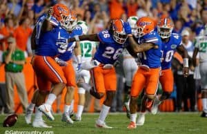 University of Florida safety Marcell Harris celebrates with teammates after his first career interception against North Texas- Florida Gators football- 1280x852