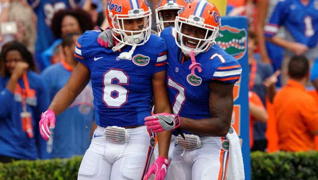 Florida Gators defensive backs Quincy Wilson Duke Dawson and Marcus Maye celebrate the TD- 1280x853