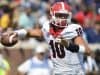 Sep 24, 2016; Oxford, MS, USA; Georgia Bulldogs quarterback Jacob Eason (10) makes a pass during the second quarter of the game against the Mississippi Rebels at Vaught-Hemingway Stadium. Mandatory Credit: Matt Bush-USA TODAY Sports