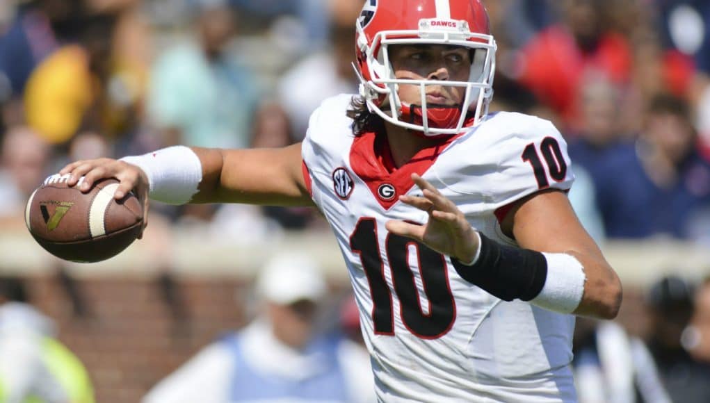 Sep 24, 2016; Oxford, MS, USA; Georgia Bulldogs quarterback Jacob Eason (10) makes a pass during the second quarter of the game against the Mississippi Rebels at Vaught-Hemingway Stadium. Mandatory Credit: Matt Bush-USA TODAY Sports