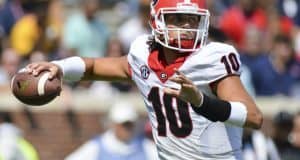 Sep 24, 2016; Oxford, MS, USA; Georgia Bulldogs quarterback Jacob Eason (10) makes a pass during the second quarter of the game against the Mississippi Rebels at Vaught-Hemingway Stadium. Mandatory Credit: Matt Bush-USA TODAY Sports