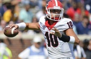 Sep 24, 2016; Oxford, MS, USA; Georgia Bulldogs quarterback Jacob Eason (10) makes a pass during the second quarter of the game against the Mississippi Rebels at Vaught-Hemingway Stadium. Mandatory Credit: Matt Bush-USA TODAY Sports