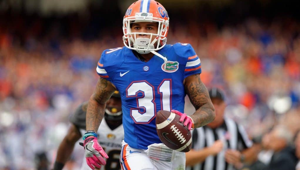 University of Florida cornerback Jalen Tabor runs into the end zone after a 39-yard interception against Missouri- Florida Gators football- 1280x852