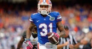 University of Florida cornerback Jalen Tabor runs into the end zone after a 39-yard interception against Missouri- Florida Gators football- 1280x852