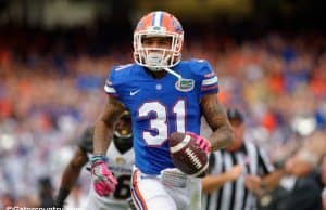 University of Florida cornerback Jalen Tabor runs into the end zone after a 39-yard interception against Missouri- Florida Gators football- 1280x852