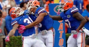 University of Florida cornerbacks Jalen Tabor, Duke Dawson and Quincy Wilson celebrate Wilson’s pick six against Missouri- Florida Gators football- 1280x852