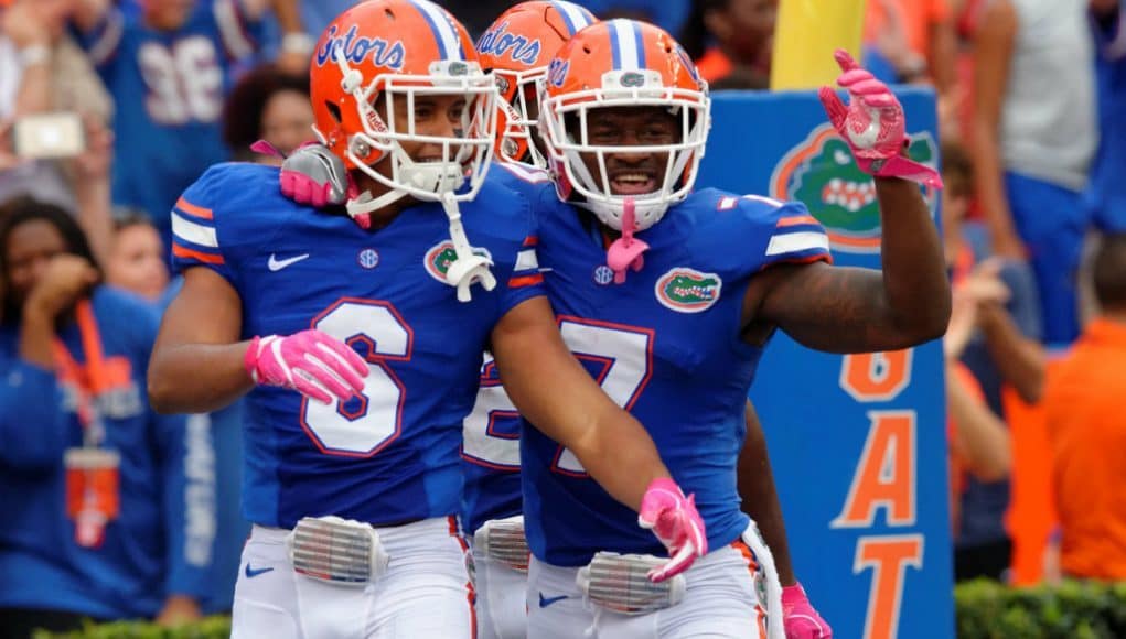 University of Florida cornerbacks Quincy Wilson and Duke Dawson celebrate Wilson’s pick six against Missouri- Florida Gators football- 1280x852