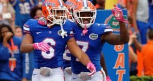 University of Florida cornerbacks Quincy Wilson and Duke Dawson celebrate Wilson’s pick six against Missouri- Florida Gators football- 1280x852