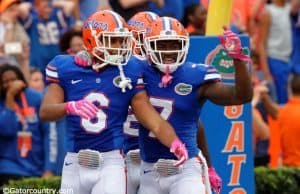 University of Florida cornerbacks Quincy Wilson and Duke Dawson celebrate Wilson’s pick six against Missouri- Florida Gators football- 1280x852