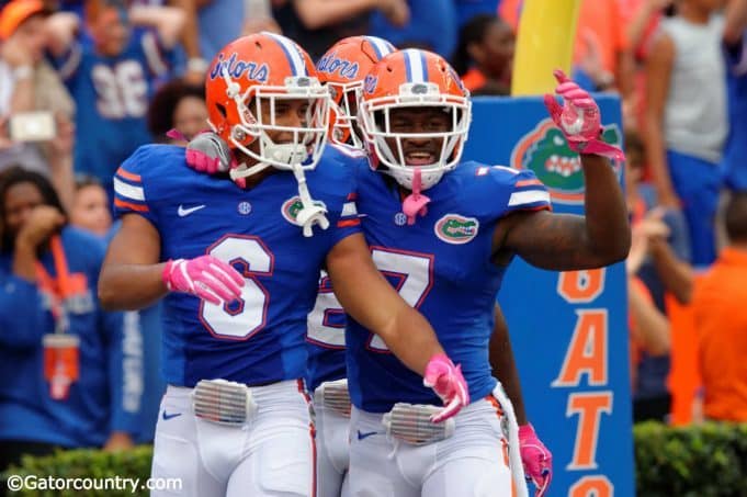 University of Florida cornerbacks Quincy Wilson and Duke Dawson celebrate Wilson’s pick six against Missouri- Florida Gators football- 1280x852