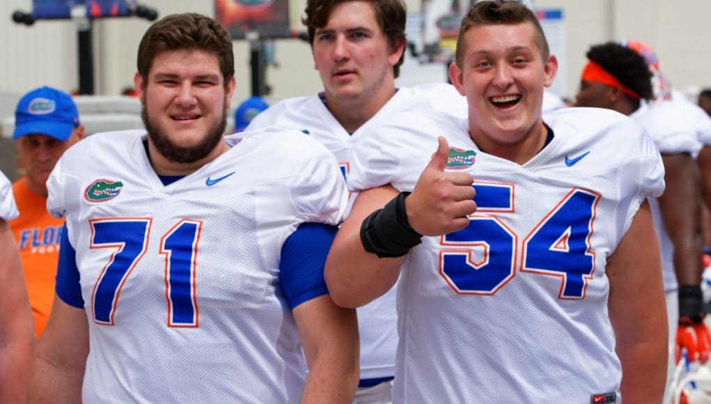 University of Florida offensive lineman Cameron Dillard and Nick Villano walking into practice during spring camp- Florida Gators football- 1280x852