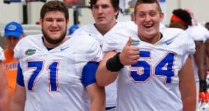 University of Florida offensive lineman Cameron Dillard and Nick Villano walking into practice during spring camp- Florida Gators football- 1280x852