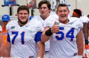 University of Florida offensive lineman Cameron Dillard and Nick Villano walking into practice during spring camp- Florida Gators football- 1280x852