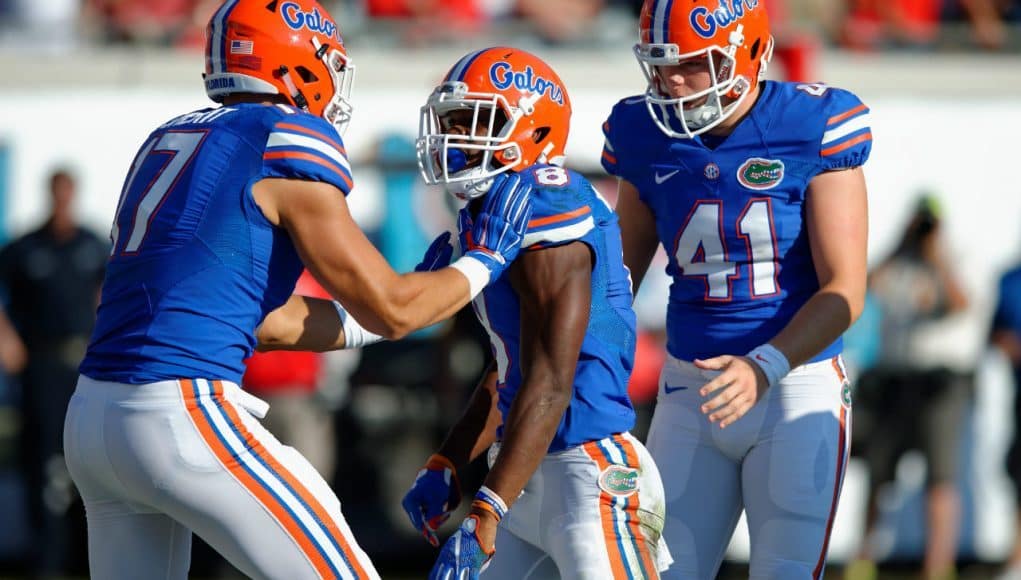 University of Florida safety Nick Washington celebrates after recovering a fumble in the end zone for a touchdown against Georgia- Florida Gators football- 1280x852