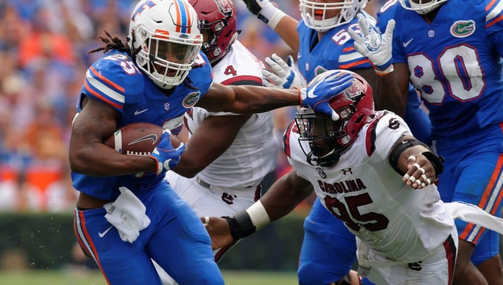 Florida Gators running back Jordan Scarlett runs against South Carolina on Saturday- 1280x853