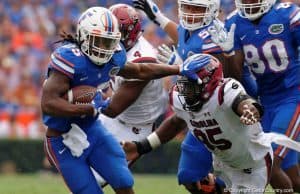 Florida Gators running back Jordan Scarlett runs against South Carolina on Saturday- 1280x853