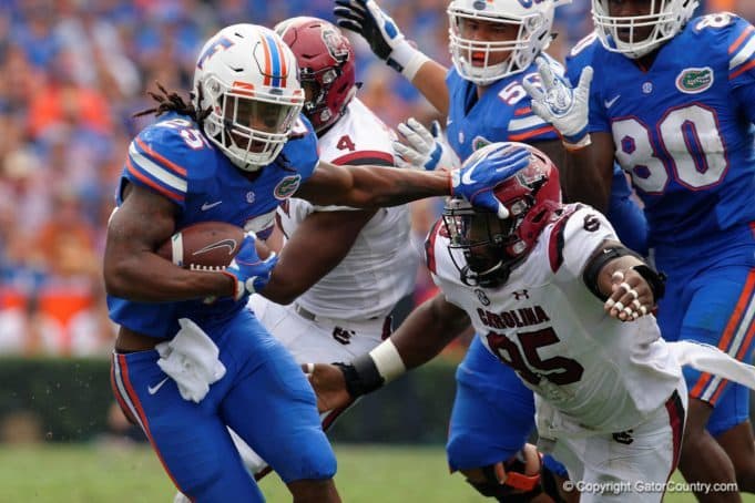 Florida Gators running back Jordan Scarlett runs against South Carolina on Saturday- 1280x853