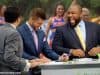 SEC Network analyst Marcus Spears and Tim Tebow laugh on set of SEC Nation during a broadcast in Gainesville- Florida Gators football- 1280x852