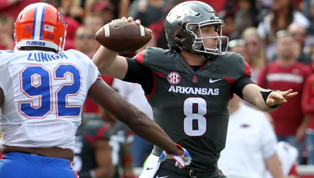 Nov 5, 2016; Fayetteville, AR, USA; Arkansas Razorbacks quarterback Austin Allen (8) passes in the first quarter against the Florida Gators at Donald W. Reynolds Razorback Stadium. Mandatory Credit: Nelson Chenault-USA TODAY Sports