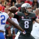 Nov 5, 2016; Fayetteville, AR, USA; Arkansas Razorbacks quarterback Austin Allen (8) passes in the first quarter against the Florida Gators at Donald W. Reynolds Razorback Stadium. Mandatory Credit: Nelson Chenault-USA TODAY Sports