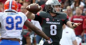 Nov 5, 2016; Fayetteville, AR, USA; Arkansas Razorbacks quarterback Austin Allen (8) passes in the first quarter against the Florida Gators at Donald W. Reynolds Razorback Stadium. Mandatory Credit: Nelson Chenault-USA TODAY Sports