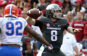 Nov 5, 2016; Fayetteville, AR, USA; Arkansas Razorbacks quarterback Austin Allen (8) passes in the first quarter against the Florida Gators at Donald W. Reynolds Razorback Stadium. Mandatory Credit: Nelson Chenault-USA TODAY Sports