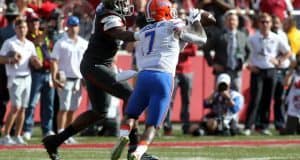 Nov 5, 2016; Fayetteville, AR, USA; Florida Gators defensive back Duke Dawson (7) intercepts a pass and scores a touchdown in the first quarter against the Arkansas Razorbacks at Donald W. Reynolds Razorback Stadium. Mandatory Credit: Nelson Chenault-USA TODAY Sports