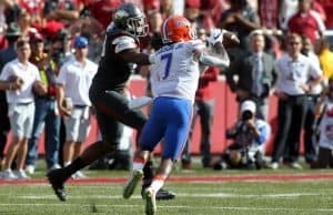 Nov 5, 2016; Fayetteville, AR, USA; Florida Gators defensive back Duke Dawson (7) intercepts a pass and scores a touchdown in the first quarter against the Arkansas Razorbacks at Donald W. Reynolds Razorback Stadium. Mandatory Credit: Nelson Chenault-USA TODAY Sports