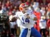 Nov 5, 2016; Fayetteville, AR, USA; Florida Gators quarterback Luke Del Rio (14) passes during the first quarter against the Arkansas Razorbacks at Donald W. Reynolds Razorback Stadium. Mandatory Credit: Nelson Chenault-USA TODAY Sports