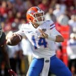 Nov 5, 2016; Fayetteville, AR, USA; Florida Gators quarterback Luke Del Rio (14) passes during the first quarter against the Arkansas Razorbacks at Donald W. Reynolds Razorback Stadium. Mandatory Credit: Nelson Chenault-USA TODAY Sports